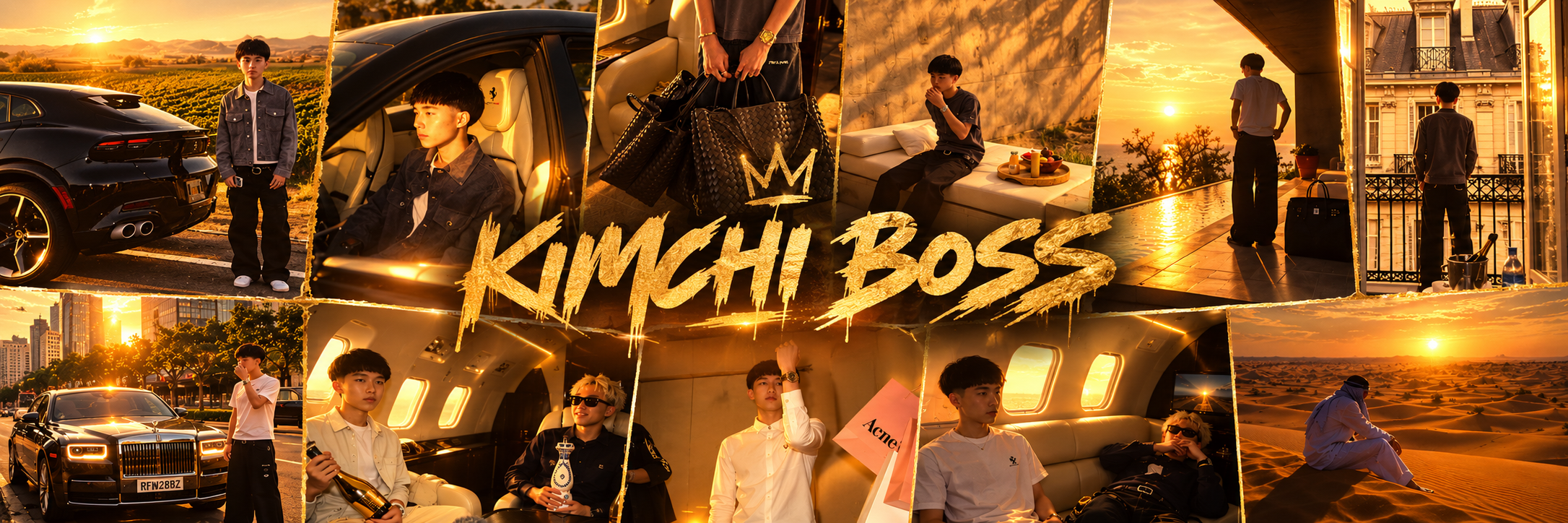 Kimchi Boss banner, a gold collage of the trading whale