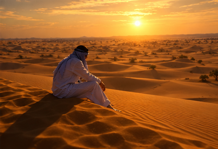 Kimchi Boss seated on a desert dune at sunset