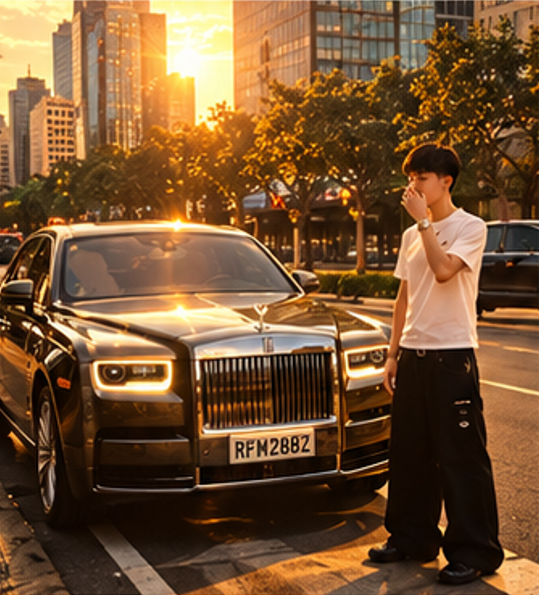 Kimchi Boss beside a black Rolls-Royce at golden hour